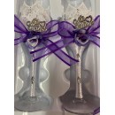 4 Piece Mis Quince Anos Cake Knife and Server Set with Champagne Toasting Glass Flutes Purple Flower Design
